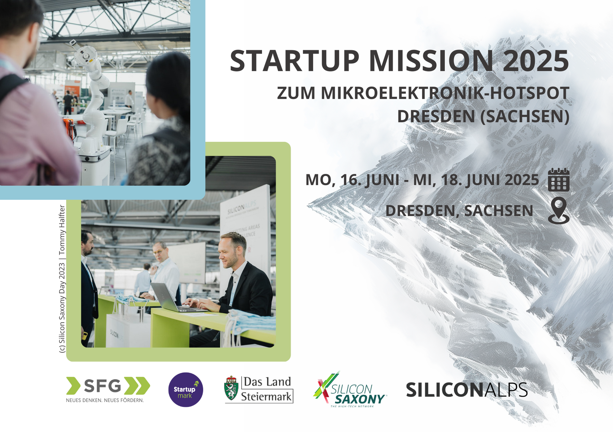 Sujet für die Startup Mission im Juni 25, zu sehen mit Berg, 2 Bilder vom Silicon Saxony Day und den Logos der Unternehmen