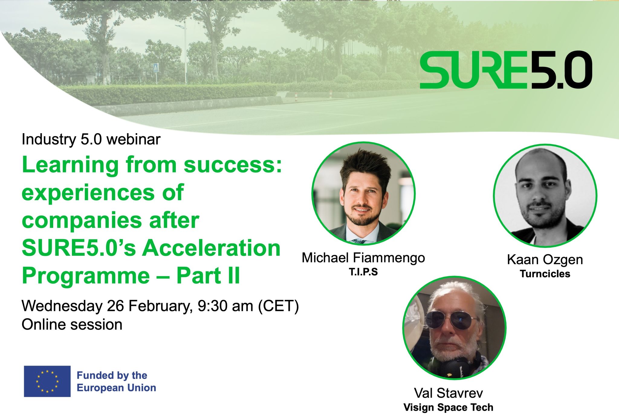 Sujet for the 2nd SURE webinar with the titel "Learning from success" and the three speakers plus the logo of the SURE programme and the day and time of the webinar